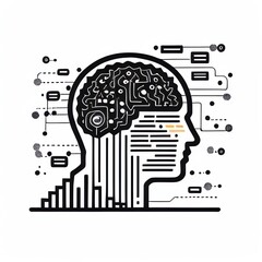 Poster - Circuitous Mind: A Monochrome Line Art Head with Technological Brain
