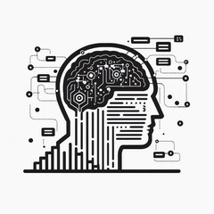 Poster - circuitous mind: a monochrome tech-art head illustration