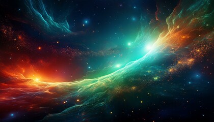 Wall Mural - a beautiful cosmic background featuring a blend of green blue and red colors with glowing particles 