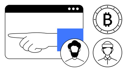 Poster - Hand pointing from web browser window towards Bitcoin symbol and two user icons with different hairstyles and clothes. Ideal for cryptocurrency, digital transactions, user interfaces, online