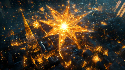 exploding starshaped fireworks in a night sky above a bustling city, star fireworks explosion night,