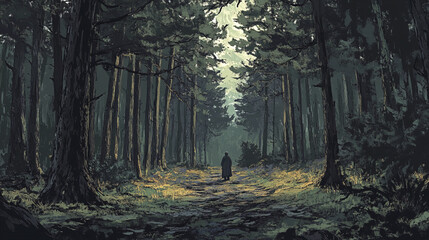 Sticker - dark pine forest with somber and eerie mood, featuring lone figure