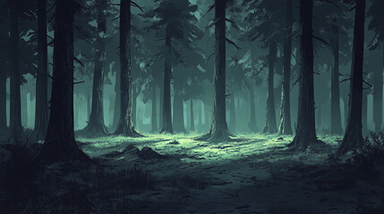 Sticker - moody interior of pine forest with dense trees and soft light