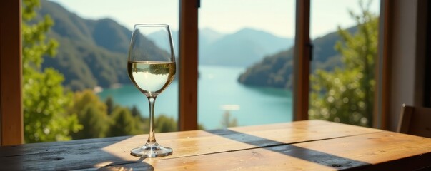 Wall Mural - Glass of chilled white wine, wooden table, scenic vista from large windows , landscape, beverage