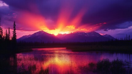 Wall Mural - Vibrant sunset over mountains reflected in still lake water.