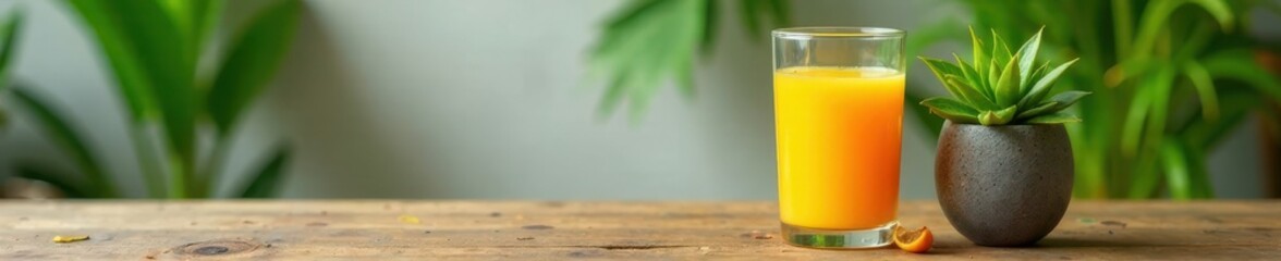 Wall Mural - Glass of orange juice beside a vibrant green potted plant on a wooden table , sunlight, object