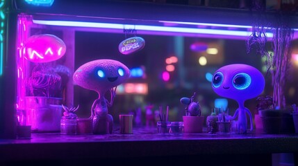 Poster - Two cute alien characters at a vibrant neon night market stall.