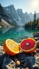 Wall Mural - Sunlit orange & juice, alpine lake, rocky setting, sunset, rocks