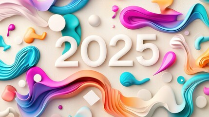 Poster - Colorful Abstract Design Featuring 2025 With Pastel Tones and Fluid Shapes in Mint Green, Pink, and Blue