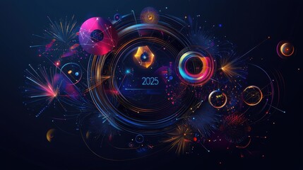 Poster - Abstract Composition with Geometric Shapes and Vibrant Colors Surrounded by Dynamic Patterns and Elements