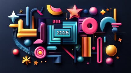 Poster - Minimalist Festive Design with Bright Colors and Geometric Shapes for 2025 Celebrations