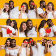 © Prostock-studio - A joyful young couple is enjoying a romantic moment together, sharing laughter and affection in a vibrant setting. They are playfully capturing their love with heart-shaped props.