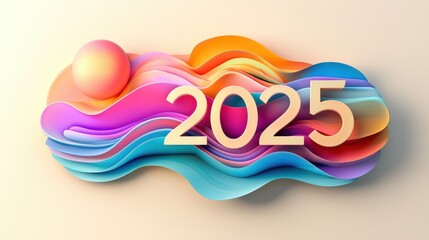 Poster - Colorful Minimalist Design with Flowing Shapes and Shadows for 2025 Background or Banner