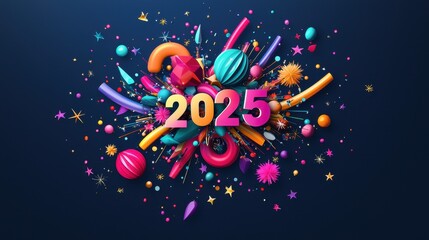 Poster - Playful Multicolored Typography Surrounded by Bright Elements for a Vibrant 2025 Celebration