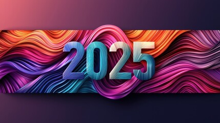 Poster - Abstract Sunset Design with Shadowed Waves and Framed 2025 in Vibrant Colors and Textures