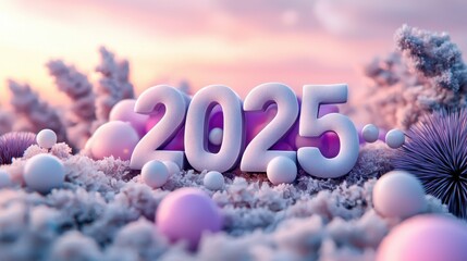 Poster - Serene Pastel Sunset Design Featuring Shadowed Elements and Modern 2025 Number in Nature-Inspired Setting