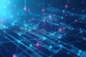 Poster - Abstract digital network data visualization. Glowing lines and nodes connect across a dark blue background, representing data flow and connections.