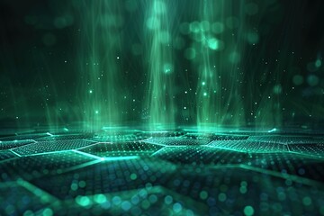 Fototapete - Abstract green digital network background. Futuristic tech texture with glowing lights and hexagonal patterns.