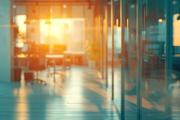 Poster - Sunlit modern office interior with glass partitions and blurred workstations.  Warm, inviting workspace.