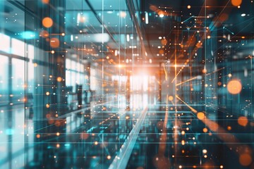 Fototapete - Abstract digital network data flow in modern office building. Futuristic technology concept.