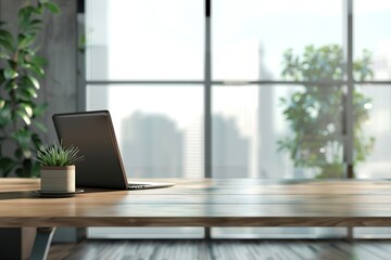 Poster - Laptop on wooden desk overlooking city. Modern workspace with plants.