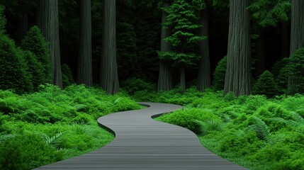 Wall Mural - Serene curved wooden path through lush green forest landscape