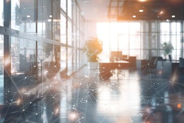 Poster - Modern office space with bright windows and abstract network overlay.
