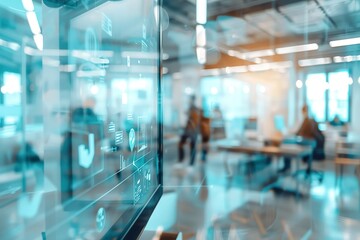 Poster - Interactive display in modern office space, showcasing data and information. Blurred background shows bustling activity.