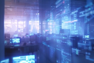 Poster - Modern office with large digital displays showing data streams and information.