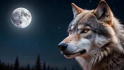  A wolf under a starry sky with the moon and Milky Way. generative ai







