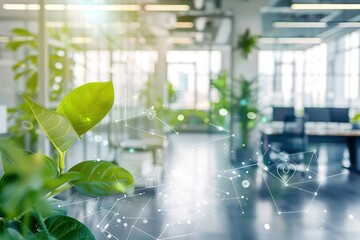 Poster - Green office space with modern design and technology integration. Plants add a natural touch.