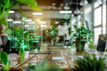 Poster - Modern office with futuristic green technology interface projected onto a wooden desk.