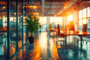 Poster - Modern office space bathed in warm sunset light.  Desks, computers, and plants create a vibrant workspace.