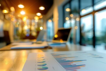 Poster - Financial data charts on a desk in a modern office, laptops blurred in the background.