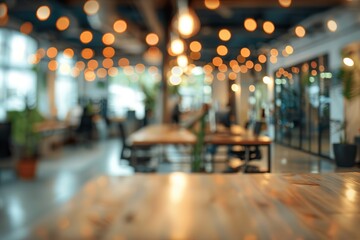 Poster - Empty wooden table in a modern, brightly lit co-working space with blurred background of desks and people.