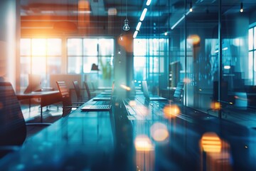 Poster - Modern office space with laptops on a sleek conference table. Sunlight streams through large windows, creating a bright and productive atmosphere.