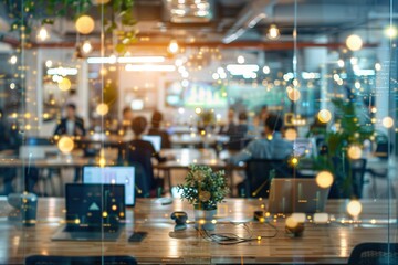 Poster - Blurred view of a modern office space at night, with people working on laptops and string lights adding a warm ambiance.