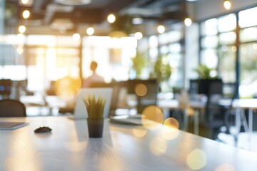 Poster - Modern office workspace with sunlight streaming through large windows.  A small plant sits on a clean desk.