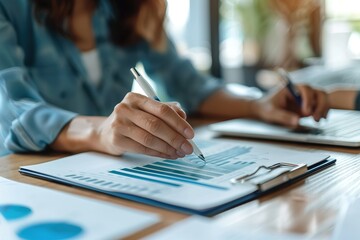 Poster - Analyzing financial data with graphs and charts. Businesswoman reviewing reports.