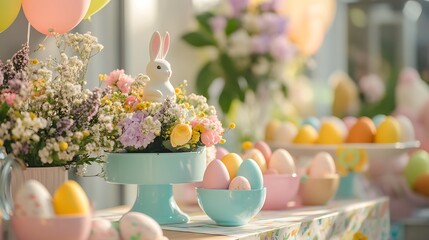 Easter Sunday celebration with vibrant pastel decorations, bunny-themed props, and cheerful community activities