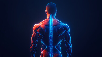 Wall Mural - Rear view of male back muscles anatomy in blue x-ray outline. full color 3d computer generated illustration on black background. Dewlit. Illustration