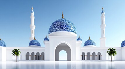 Wall Mural - A grand mosque with blue domes and minarets under a clear sky.