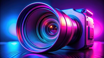 Wall Mural - Video camera lens illuminated by pink and purple neon light with a touch of blue glow, neon, light, lens, video camera