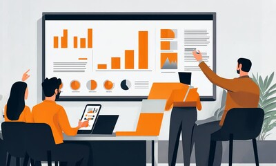 Poster - Business Team Analyzing Data on Interactive Display Screen during a Meeting Presentation Showing Key Performance Indicators and Growth Charts