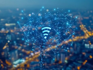 Poster - Background image shows a 5G global network technology communication antenna tower for wireless high speed internet. Future proof fastest internet technology is LTE aerial network connection  - ai