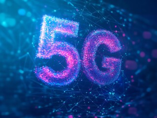 Poster - Background image shows a 5G global network technology communication antenna tower for wireless high speed internet. Future proof fastest internet technology is LTE aerial network connection  - ai