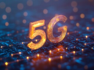 Poster - Background image shows a 5G global network technology communication antenna tower for wireless high speed internet. Future proof fastest internet technology is LTE aerial network connection  - ai