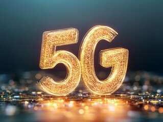Poster - Background image shows a 5G global network technology communication antenna tower for wireless high speed internet. Future proof fastest internet technology is LTE aerial network connection  - ai
