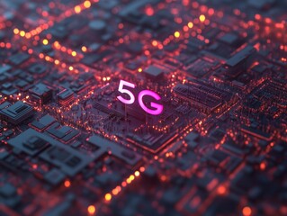 Poster - Background image shows a 5G global network technology communication antenna tower for wireless high speed internet. Future proof fastest internet technology is LTE aerial network connection  - ai