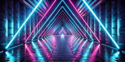 Wall Mural - Abstract neon light triangle tunnel leading into a sci-fi modern futuristic background, neon, light, triangle, tunnel